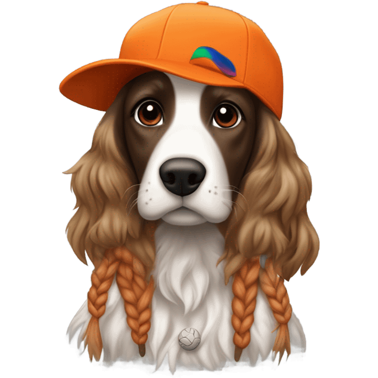 Brunette white girl with braided pigtails in a bright orange baseball hat with a phesant on it with a tricolor English setter with a half black face emoji