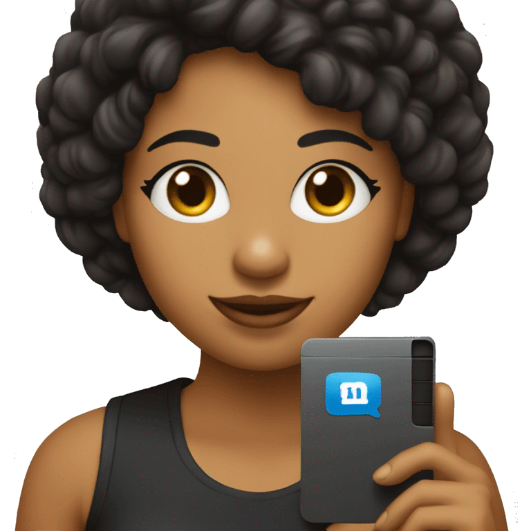 Chica pelo corto negro con ordenador en la mano donde se ve el logo de linkedin  emoji