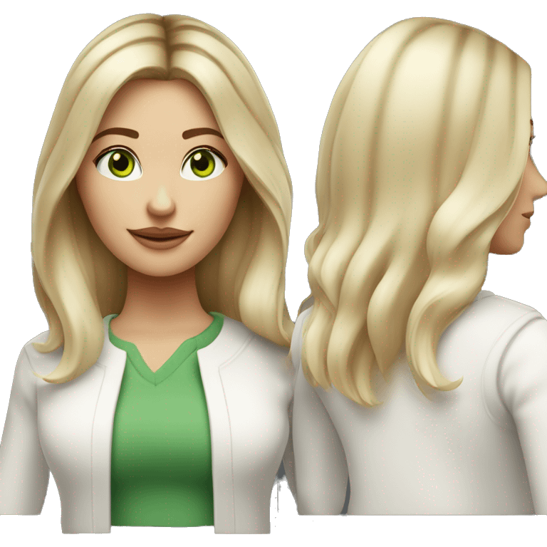 blonde balayage hair woman, shoulder length straight hair, green eyes, white cardigan emoji