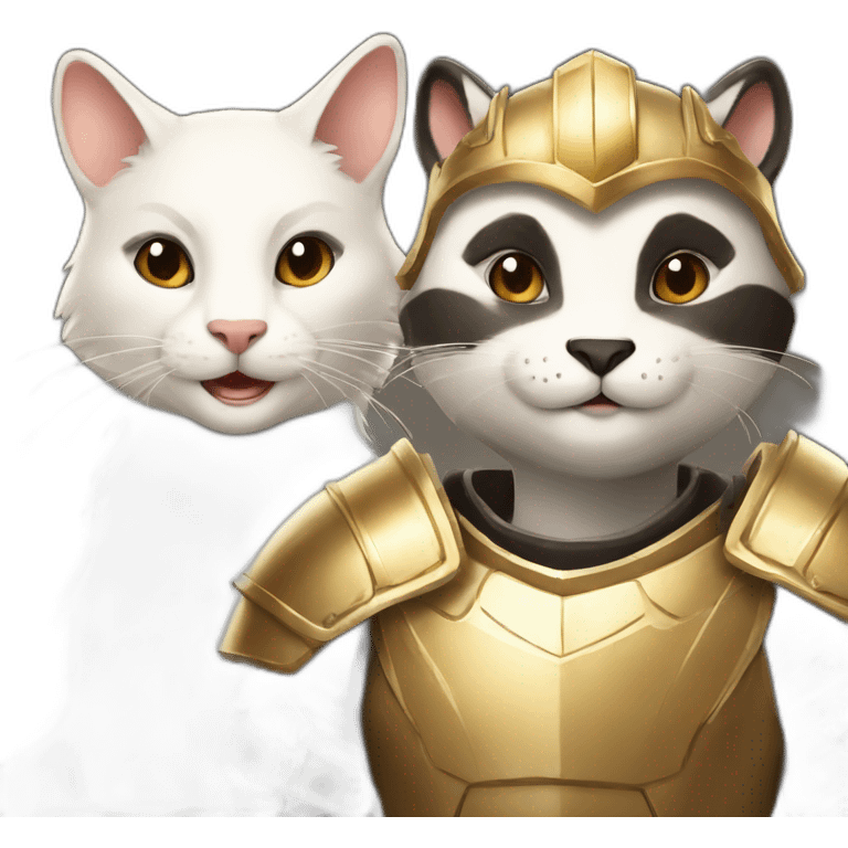 a smiling badger with a white female cat wearing a golden light armour also smiling emoji