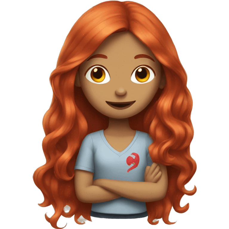 A girl with long red hair make a peace sign emoji