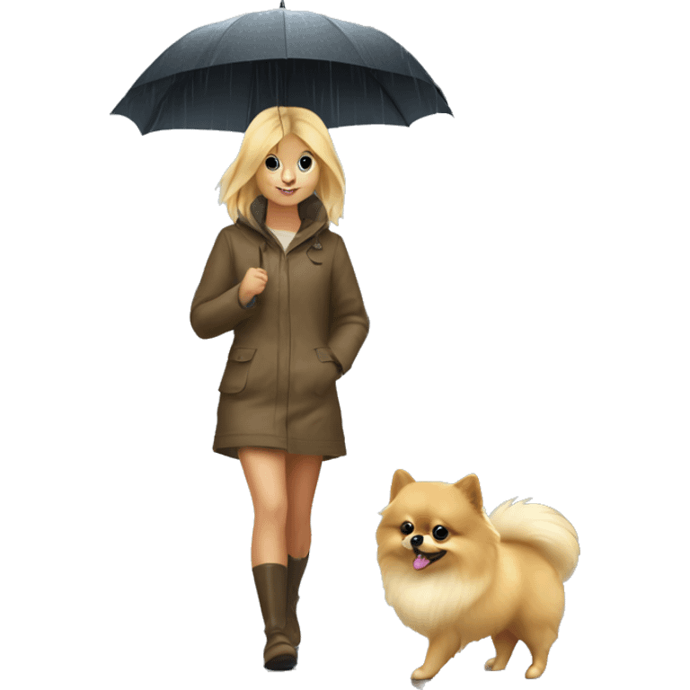 Blonde girl walking tiny pomeranian under the rain emoji