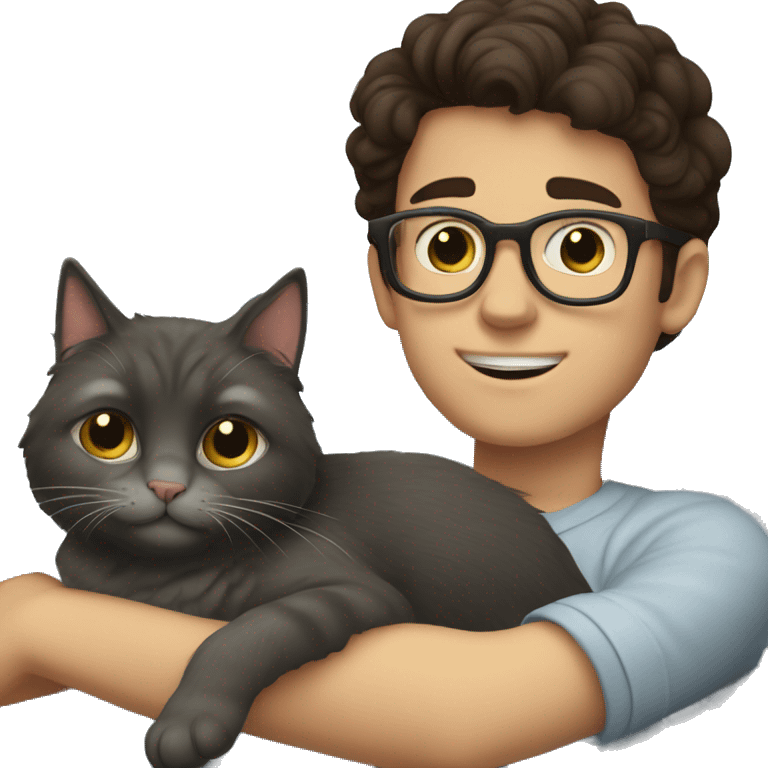 A boy with dark brown hair and glasses is laying with his grey cat emoji