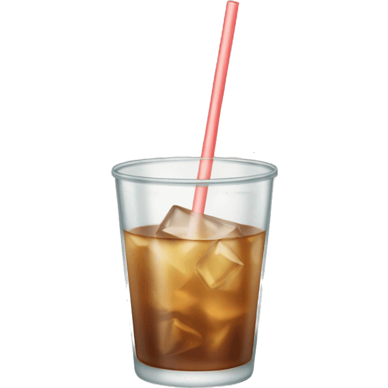 Clear glass cup with light brown drink, ice, and straw emoji