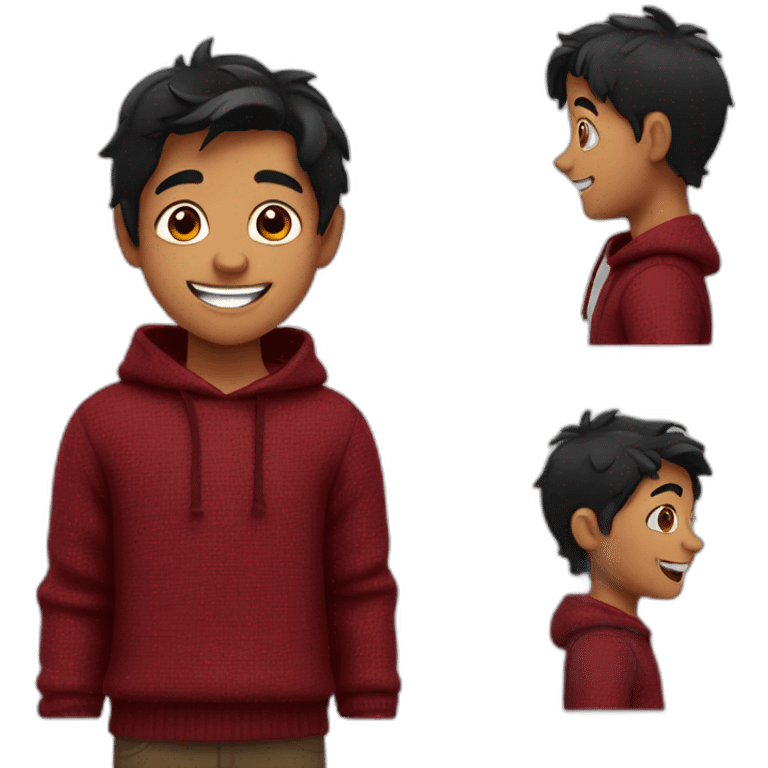 smiling and pointing north indian kid with black hair wearing a dark red sweater emoji