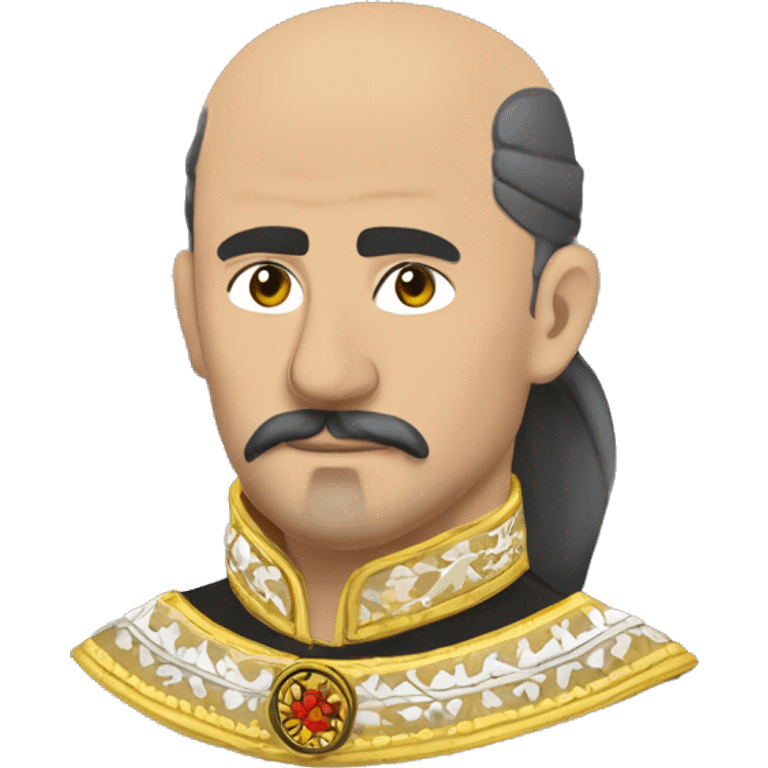 a Cossack warrior, The Cossack has a shaved head and a long strand of hair on one side. He has a thick, curved mustache and wears a gold earring in his left ear. He is wearing a simple Ukrainian embroidered shirt emoji