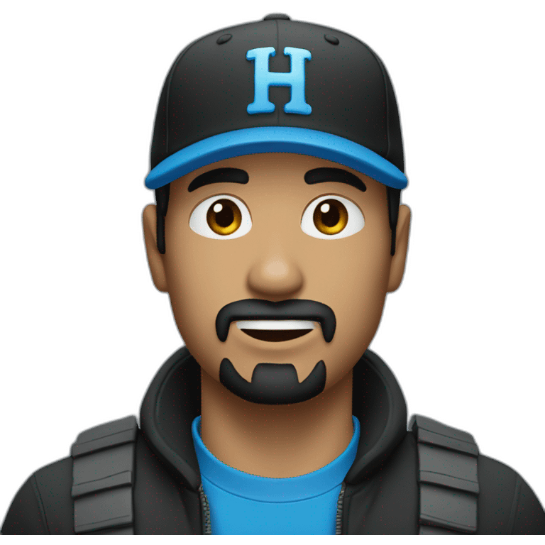 Black haired man with goatee, no mustache, black cap with blue H logo emoji