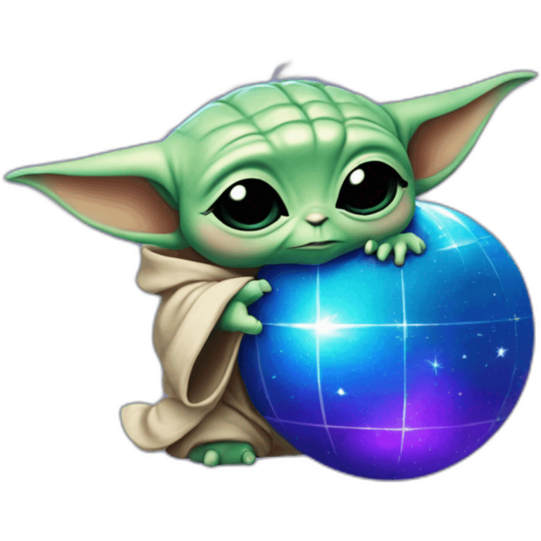 Baby yoda hugging a blue and purple disco ball emoji