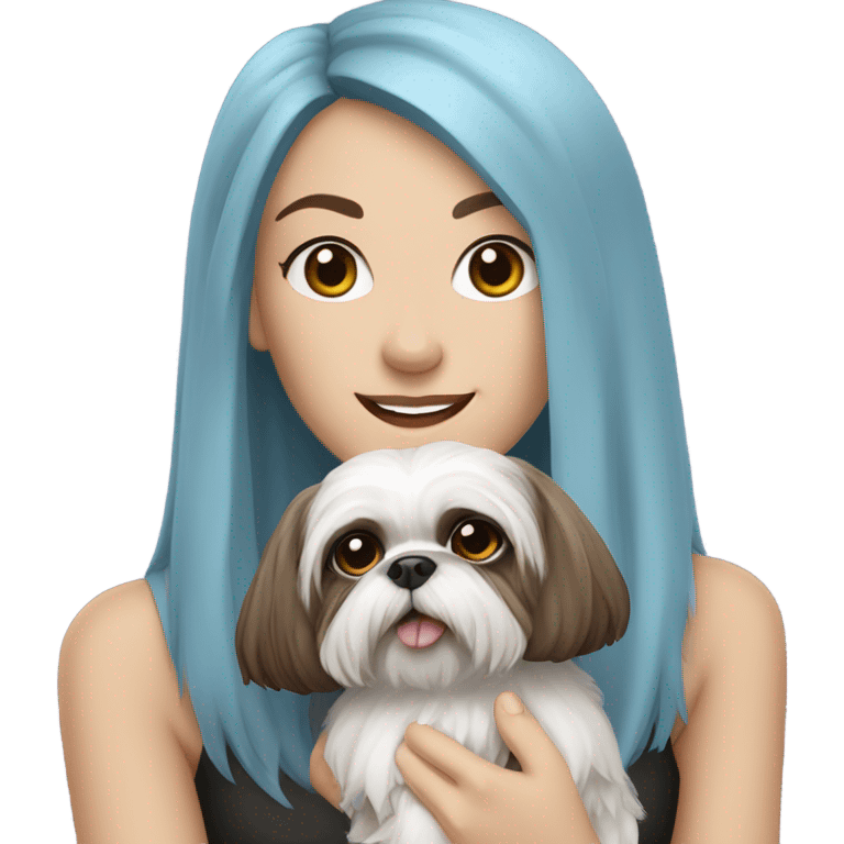 Caucasian witch that has blue hair holding a brown and white shih tzu dog emoji