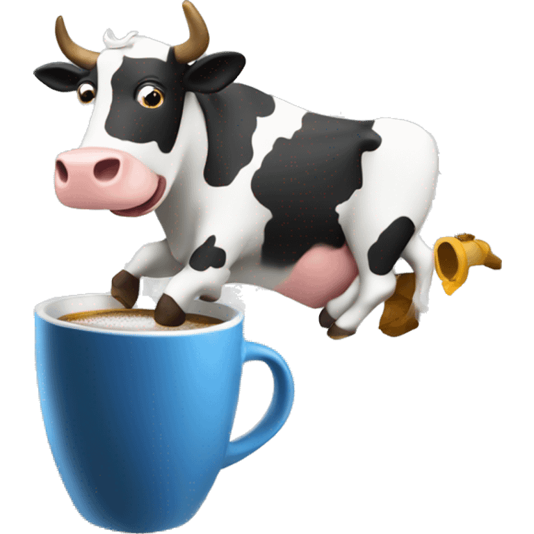 Cow flying a rocket ship over the moon while drinking coffee emoji