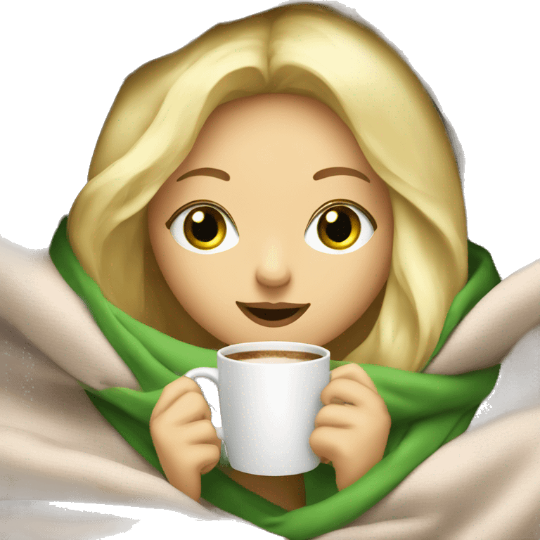 blonde girl inside a blanket sipping coffee blonde hair green eyes emoji