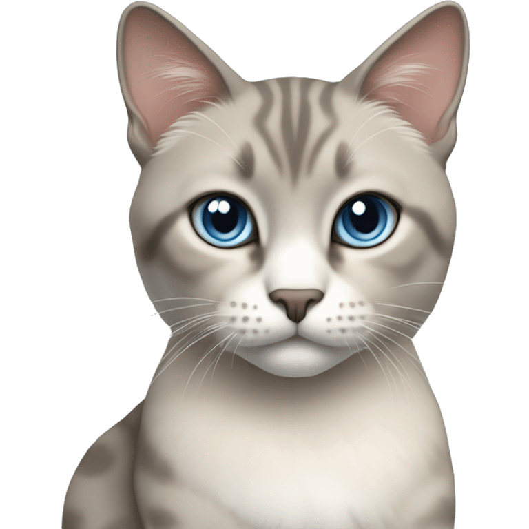 Thai breed cat with a light cream body, dark gray face, ears, and paws. Short fur, sharp ears, striking light blue eyes  emoji