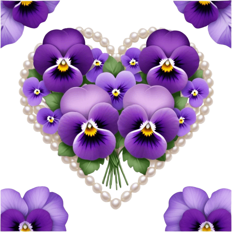 An exquisite heart-shaped bouquet composed of deep lilac flowers and ice violet pansies, harmoniously blended with amethyst and pastel purple tones, is delicately placed on smooth pearl satin fabric, its beauty further enhanced by the subtle sparkle of tiny silver adornments. emoji