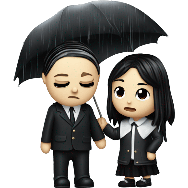 Realistic silkstone Wednesday addams kissing sweetly Kurt Cobain in the rain. emoji