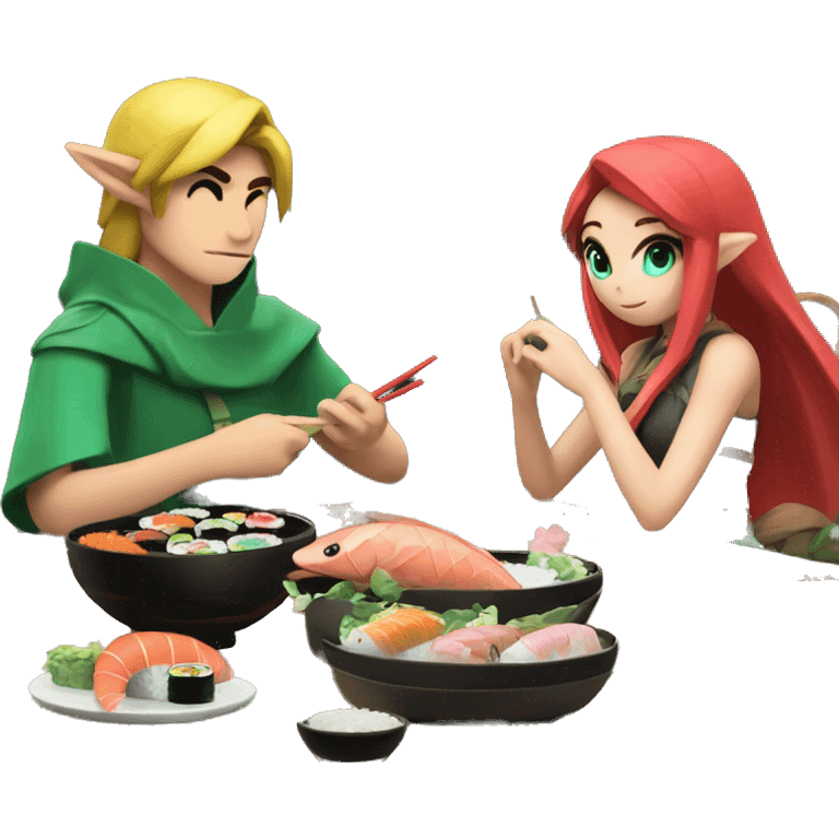 Link eating sushi next to Mipha emoji