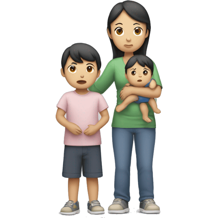 asian sad mum holding two kids, full body standing emoji