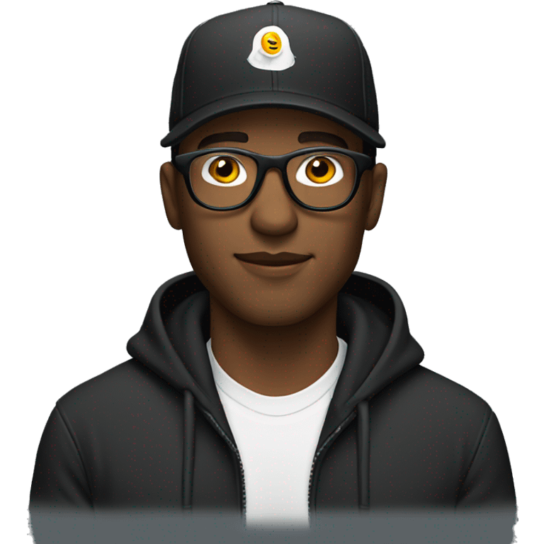 a man wear black hoodie and trucker hat and clear glasses emoji