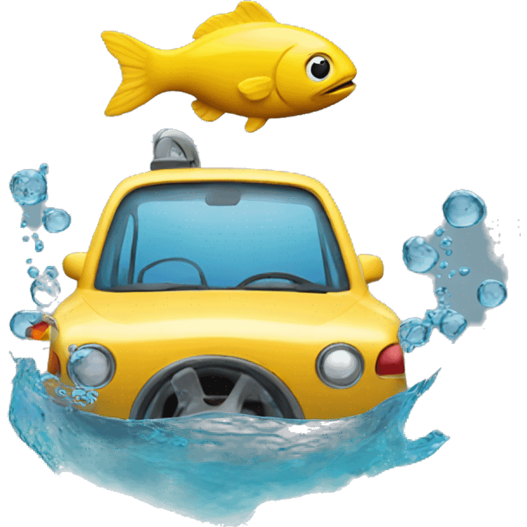 Upside car under water with a fish emoji