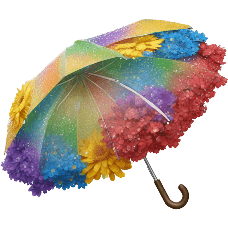 Rainbow umbrella made of flowers with dew drops dripping off and a large handle  emoji