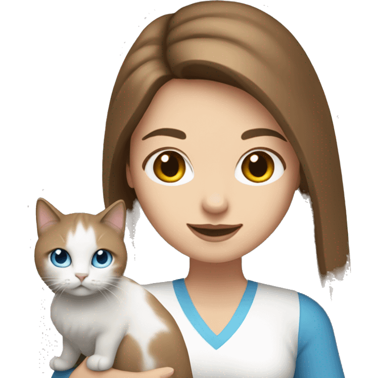 woman with long brown hair and holding a all white British long hair cat with blue eyes emoji