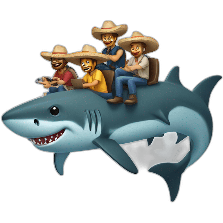 5 web developers wearing sombreros sitting riding on a shark emoji