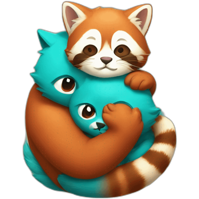 Turquoise cat hugs red panda emoji