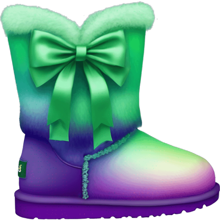 Realistic pair of green to purple ombre Ugg fur boots with silk ribbon bows. emoji