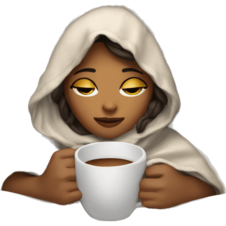 girl inside a blanket sipping coffee eyes closed emoji