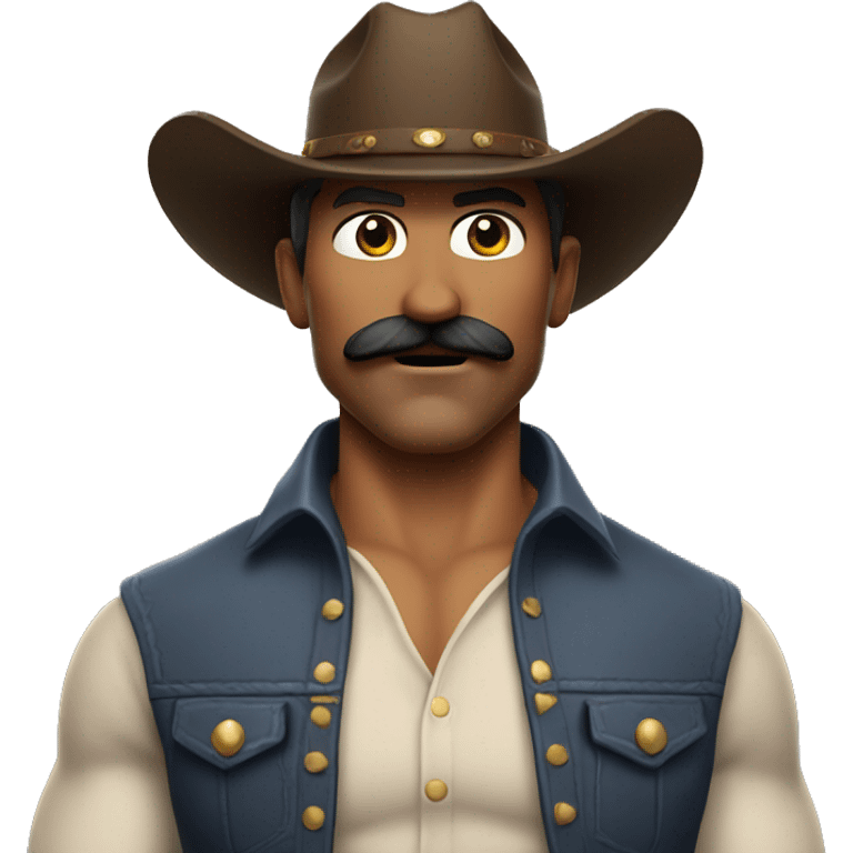 very muscular 40 year old cowboy with a mustache, no shirt. On his head is a cowboy hat. emoji