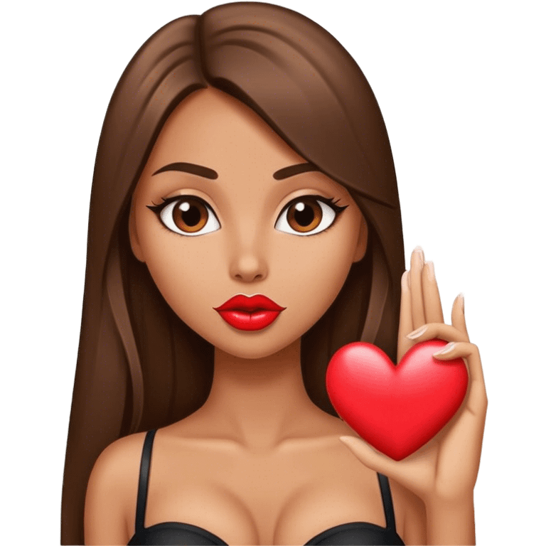 Sexy beautiful girl with pump lips and brunette straight long hair showing heart emoji