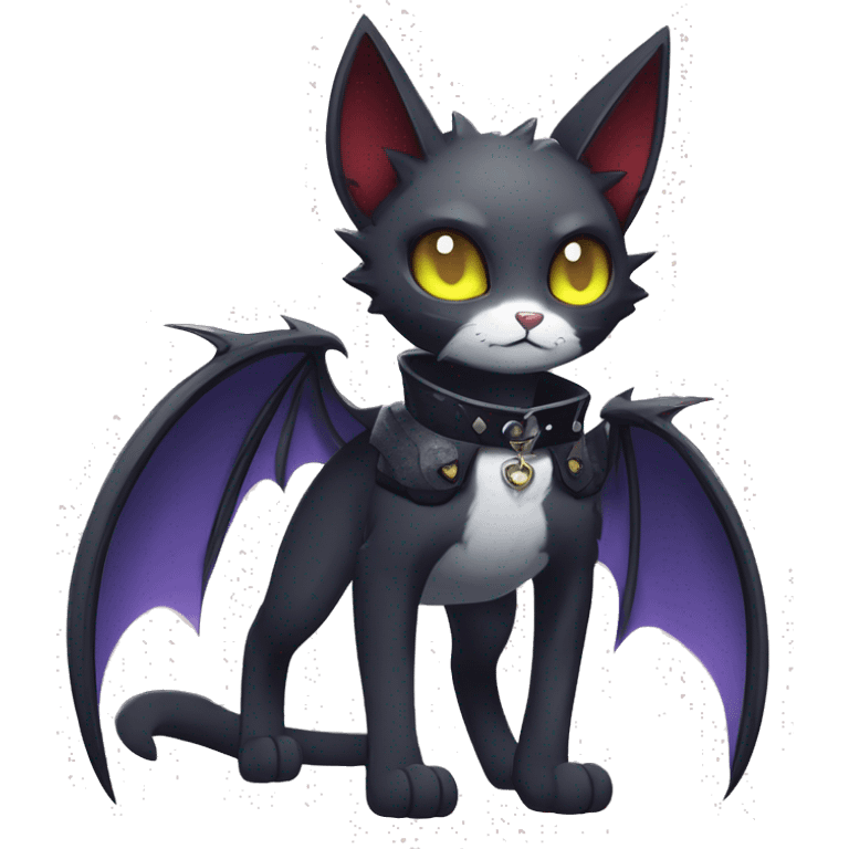   cool edgy beautiful anime-style ethereal dark-punk-themed animal vampiric cat-hybrid Fakemon with fangs and bat-wing-ears with a collar full body emoji