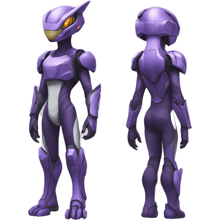 A Reptile-Raptor-Genesect-Mewtwo-Fakémon with a futuristic visor-helmet, wearing a techwear-suit Full Body emoji