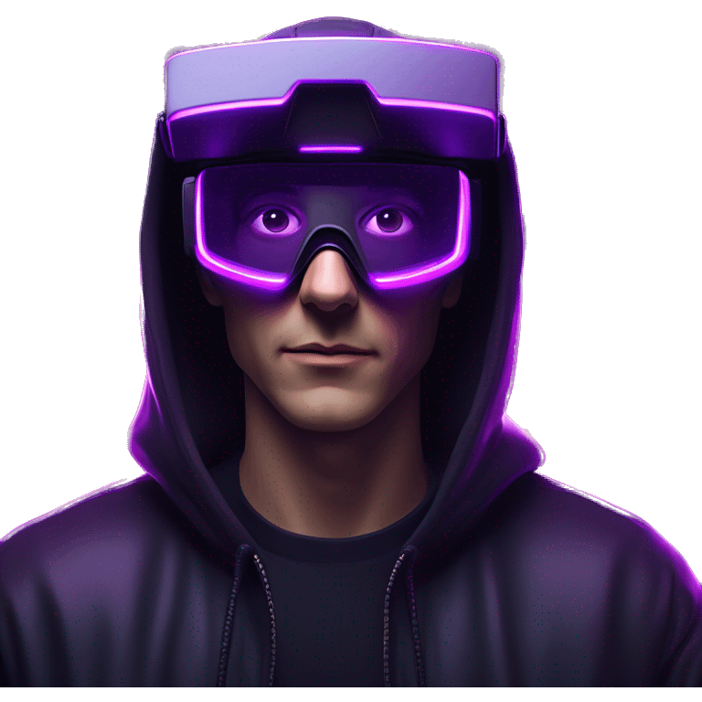 Russian man wearing a black hoodie with "OMG" letters on it and VR headset in a cyberpunk VR environment with violet neon lighting. emoji