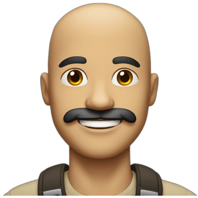 Bald man with big black mustache and tan skin and a big smile and emoji