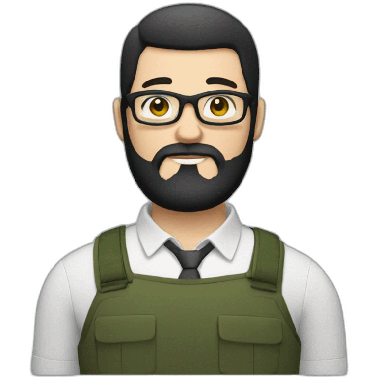 white overweight man, full black beard, straight and combed black hair, square glasses, olive-green eyes, emoji