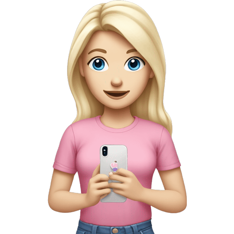 a blue eyed white blond hair girl wearing a pink shirt holding a pink iphone  emoji