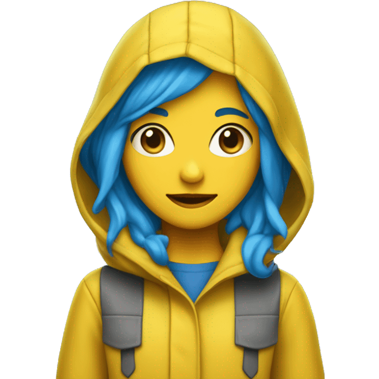 Girl with blue hair and button eyes wearing yellow raincoat emoji