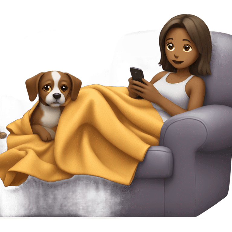 Girl laying on coach with blanket while looking at phone with dog on lap emoji