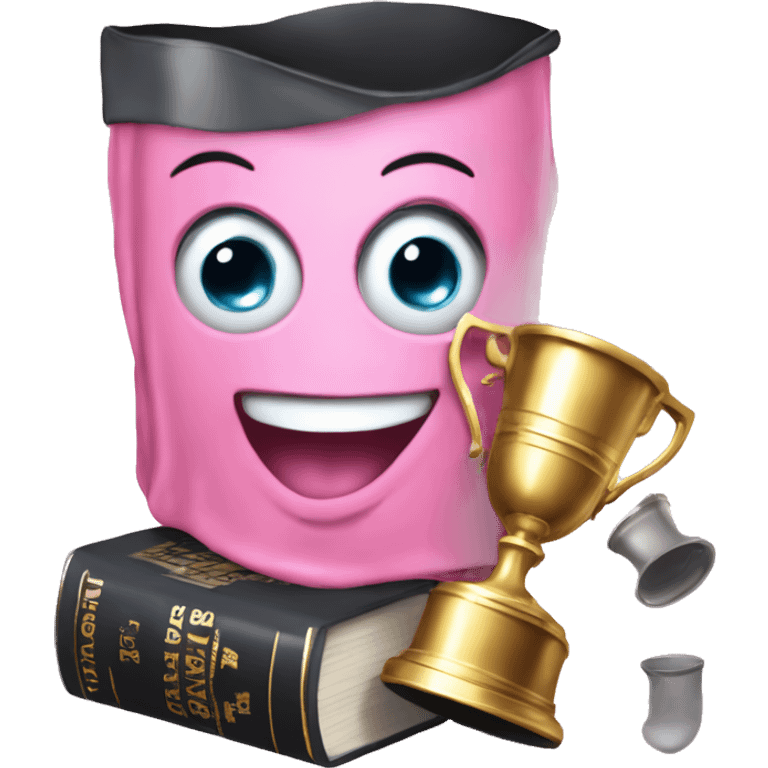 Happy face with tears in eyes and a pink bow holding a Stanley cup and book emoji