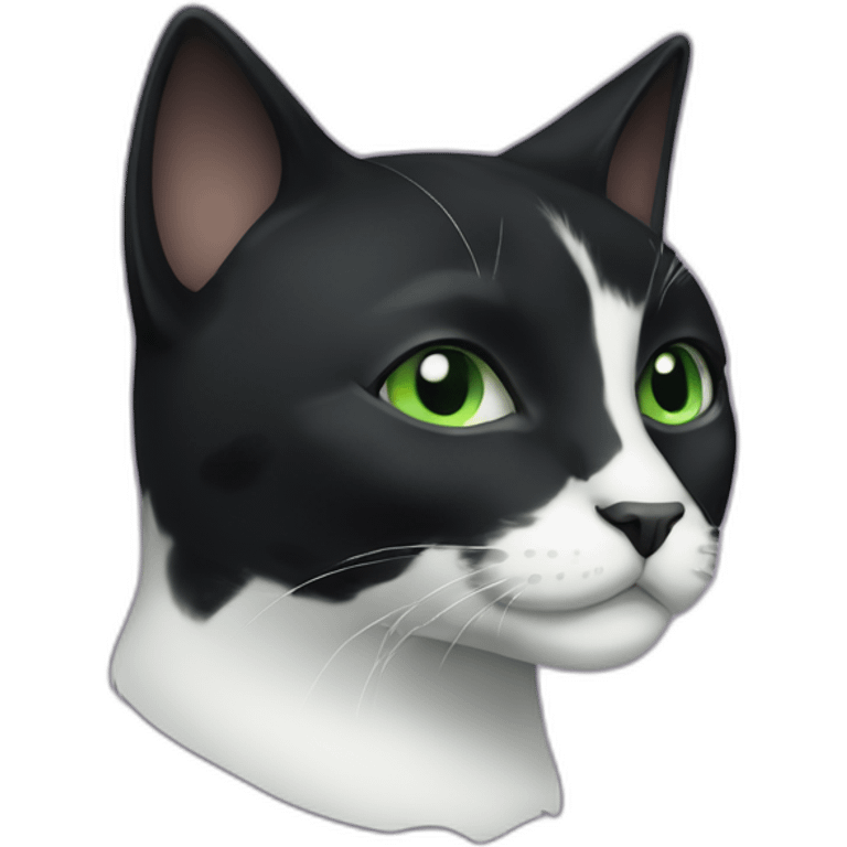 A black cat with green eyes with a white mustache and white spots emoji