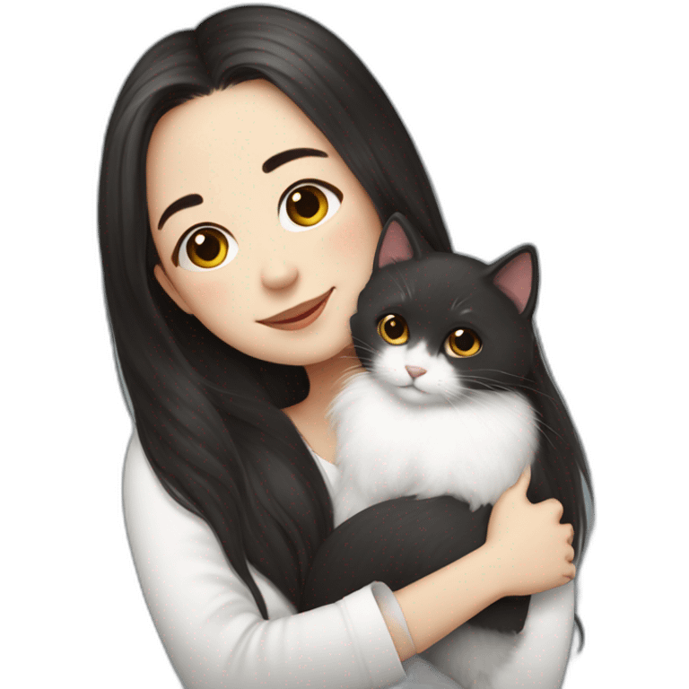 A girl with long dark hair and a white fluffy cat is lying on her left shoulder emoji