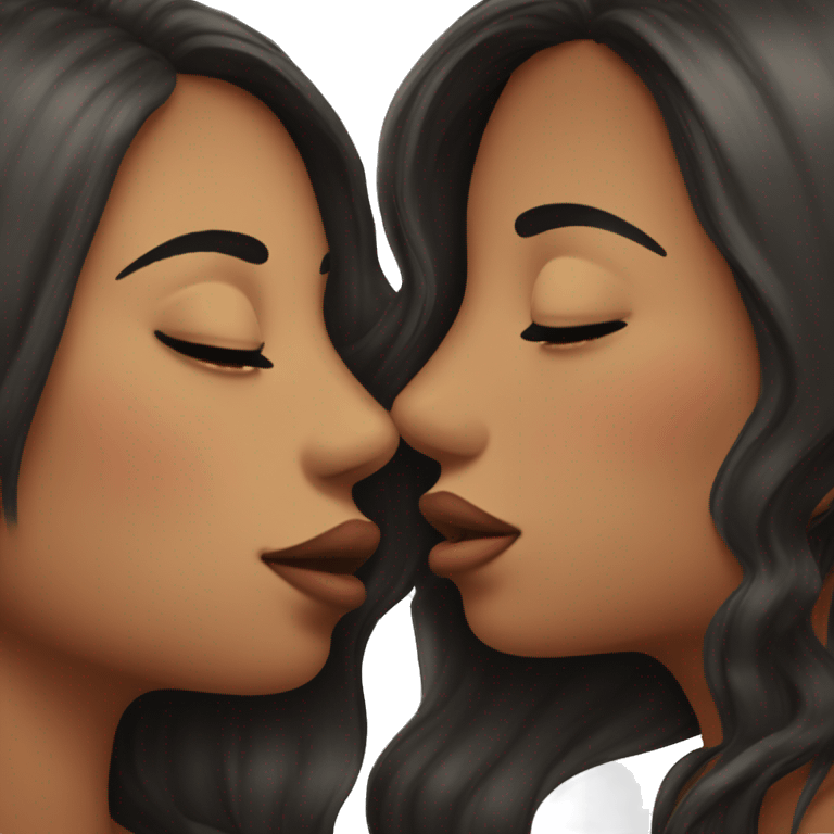 two lesbians kissing on the lips. Both have long dark hair, one girl has freckles emoji