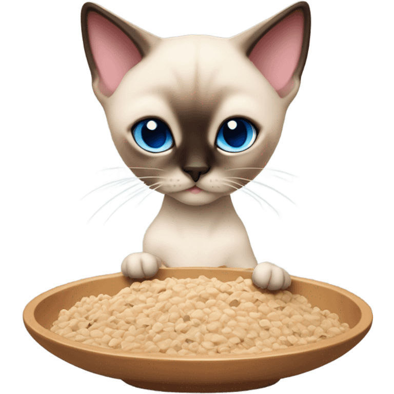 Small boy Siamese cat who is cream color with some brown and blue eyes eating dry food in a pink slow feeder bowl emoji