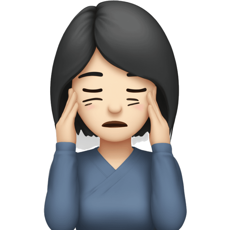 Headache, middle-aged Korean woman in her 40s, with only one hand on her head, painful face, black hair emoji