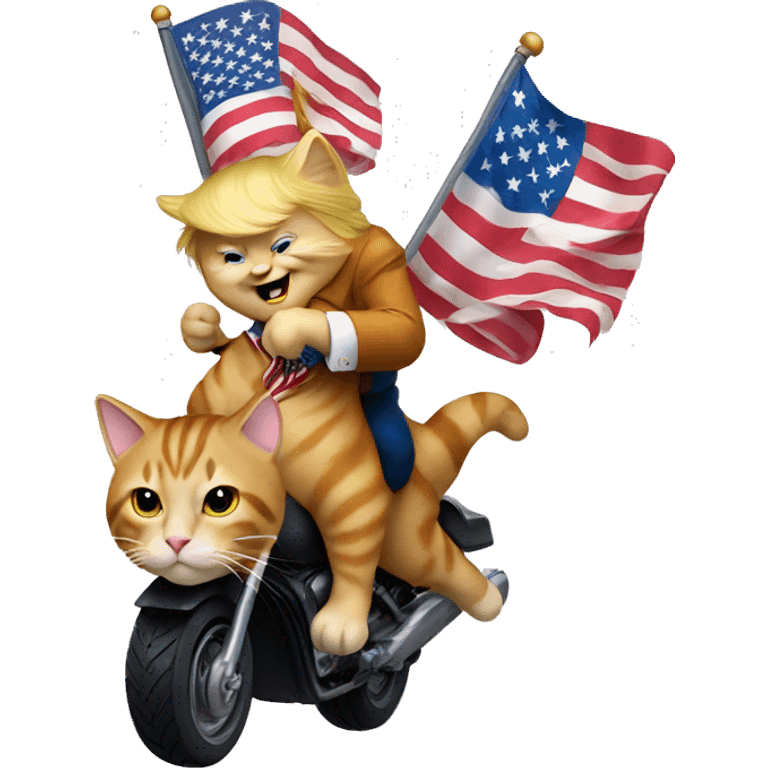 Donald Trump riding a cat holding an American flag emoji