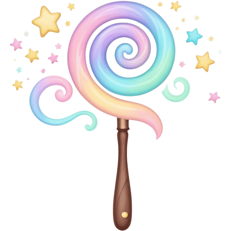 Cinematic cute magical wand, pastel swirls of color, tiny twinkling stars floating around, glowing softly, chubby rounded edges, whimsical and dreamy. emoji