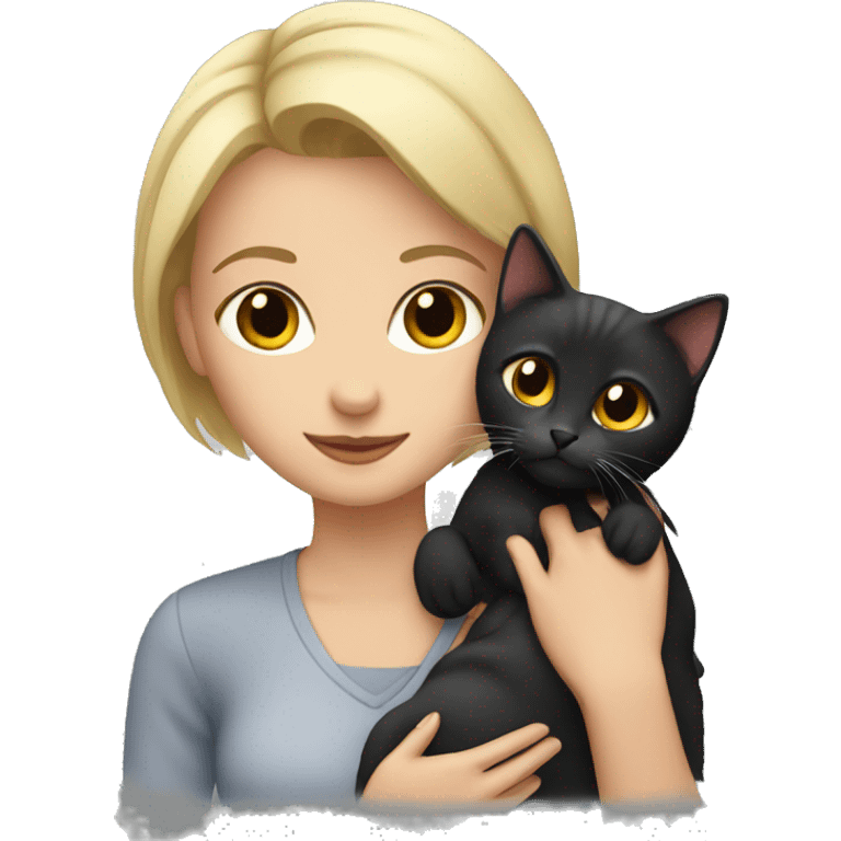 blonde with short hair holds a black, gray and red cat in her arms emoji