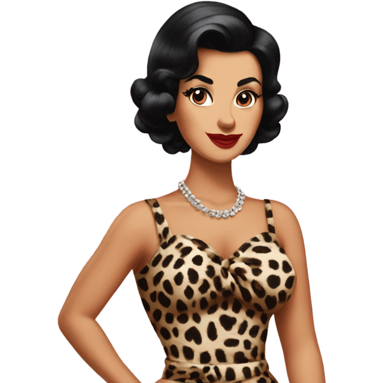 pin up tanned woman with black hair in a 50s leopard dress emoji