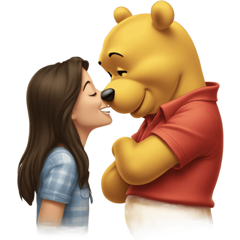 Pretty brunette getting kiss from Winnie the Pooh  emoji