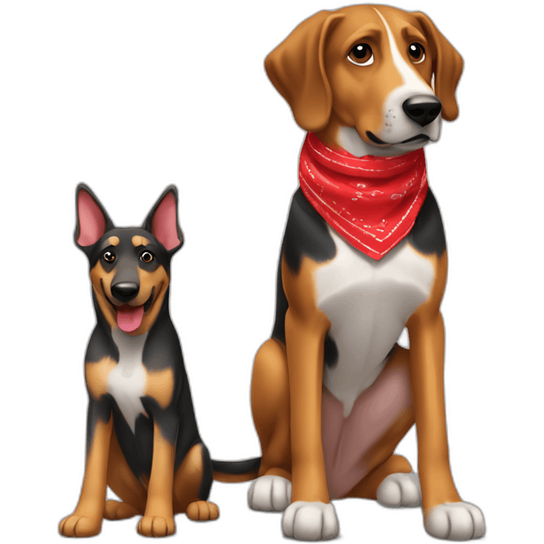 coonhound and German shepherd mix dog wearing small plain red bandana and walking left emoji